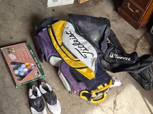 Titleist Golf Bag, Nike Golf Shoes Size 11, and Golfers Putter Pool Set