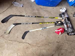 CCM and Bauer Hockey Sticks, Easton and CCM Gloves, and NHL Mini Hockey Goal Set