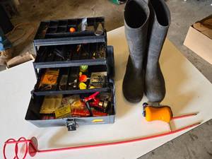 Fishing Gear Lot including Abu Garcia Cardinal Bronco Reel, Tackle Box, and Rubber Boots