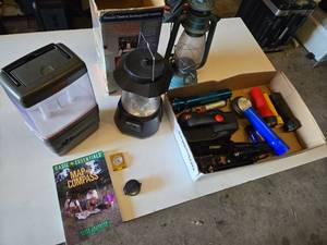 Camping and Outdoor Equipment including Coleman Lantern, Flashlights, and Compass