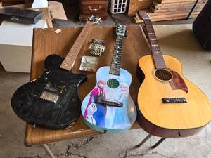 Three Guitars and Accessories Including Bridge and Picks - All for parts or repair