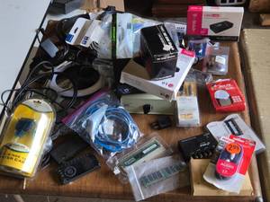 Lot of Electronics and Computer Accessories including Belkin Data Switch, RCA Audio Cable, Older Ram and Timex 16K RAM Module