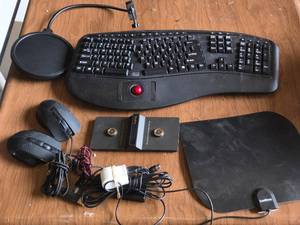 Adesso Keyboard with Built-in Trackball, Two Wired Mice, Wireless Charger, and Lention Mouse Pad - All Untested