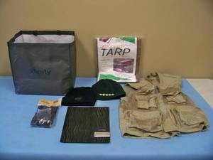 Miscellaneous lot with Panasonic Field Jacket, Adjustable Cargo Net (NEW), Tarp (NEW), 6-Pocket Organizer, Carry Bag and (2) Branded Stocking Caps