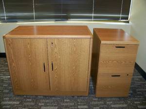 Lockable Enclosed Wood Office Bookshelf  Storage Shelf  Hutch (KEYS included) and 2-Drawer Wood File Cabinet on Wheels