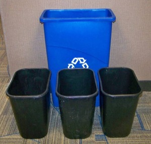 (3) Small Plastic Garbage Cans and (1) Mid-Sized Recycling Bin