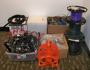 Cat5e, Spools of Coax Cables, Cable Sheathing and a Cable Spooler