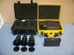 (1) Atomos Shogun Inferno 7in 4K HDMIQuad 3G-SDI12G-SDI Recording Monitor (working condition with crack in screen) and (3) Camera Lenses (scratched - need repair) in Hard-Sided Cases