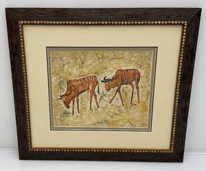 Framed Behind Glass M Jorge Signed African (Water Buffalo) Dyed Printed Textile 21 x 23 12