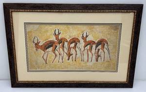 Framed Behind Glass M Jorge Signed African (Antelopes) Printed Textile 22 12 x 33 12