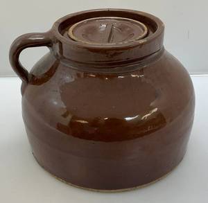 Antique Large Brown Stoneware Crock With Lid Roughly 9 inch Tall  11 inch wide