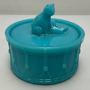 Portieux Vallerysthal Cat On Drum Blue Opaline Milk Glass Trinket Box 4 x 4 34 (Chip On Ear)