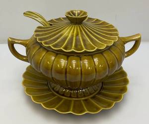 MCM Avacado Scalloped California Pottery Soup Tureen, Ladle, Plate & Lid