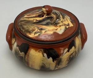 Vintage Glazed Terracotta Bean potSoup Bowl With Lid With Swirled Brown, Cream And Black Pattern 4 12 x 6 14