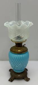 Victorian Era Blue Opalescent Swirl Design Parlor Oil Lamp 21 Tall