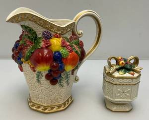 Vintage Fitz & Floyd Classics Large Pitcher 9And Small 5 Covered Dish (Small Chip present On Lid)