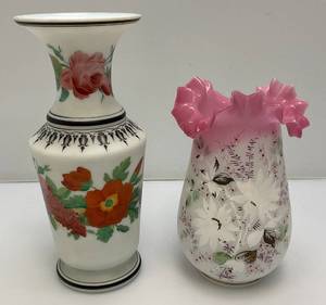 Two Antique Victorian Hand Painted Vases (One Has Small Chip On Edge Barely Noticeable)