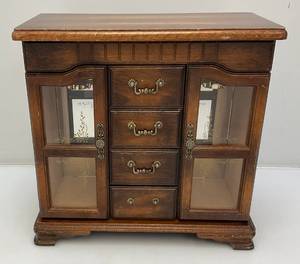 Vintage Wooden Jewelry Box With Necklace Hangers & Four Drawers (One Missing Handle) 7 x 13 x 13