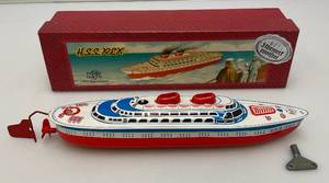 Vintage 10 14 Tin Litho Ship H.S.S. REX Mfz Wind Up Toy Model Original Box Made In Western Germany (NEW OLD STOCK)