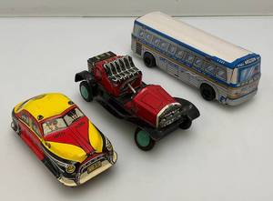 Vintage tin Litho Toy Vehicles Including Greyhound Bus, Lipor Safety Patrol And More