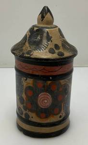 Hand Painted Tonala Pottery JarLid 6 Tall Marked Mexico On Bottom