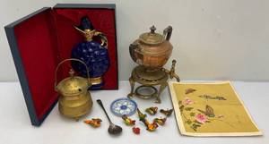 Misc. Vintage Items Including Jim Beam Decantor, Heavy Brass Soup pot, Oriental Silk Butterfly Painting And More