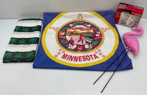 Two 3 x 5 Nylon Flags 1 Minnesota Flag (Faded) 1 Weed Flag (Has Hole) Pink Flamingo
