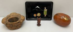 Misc. Vintage Oriental Collectibles Including Laquered Egg Trinket Dish, Wooden Buddha And More