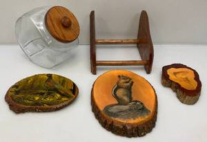 Misc. Vintage Wooden Items including Glass CandyCookie Jar And More