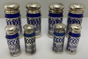 Unique Colbalt Blue Glass, Salt And Pepper Shakers With Plated Silver Decorative Sleeves