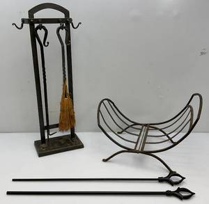 Vintage Iron Fireplace Tools With Hanger And Metal Firewood Holder