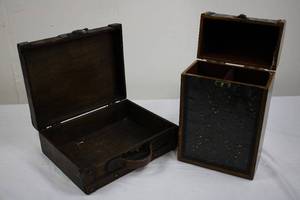Pair of Antique Wooden Boxes with Floral Lacquer Panels and Brass Hardware