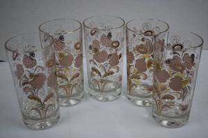 Floral Pink Glass Tumblers - Gold Rim - Set of 5