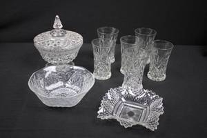 Crystal Glassware Set - 6 Glasses, Lidded Sugar Bowl, Compote & Square Dish