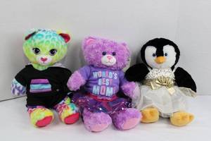 Build-A-Bear Workshop Plush Bears Trio - Rainbow Tie-Dye Bear, Worlds Best Mom Bear, Bride Penguin