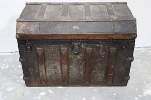 Antique Steamer Trunk with Iron Straps and Studded Hardware - Vintage Travel Chest