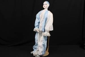 Porcelain Fashion Doll Head & Torso on Stand - Blue Hair, Painted Face, Satin BlueWhite Outfit 29Tall