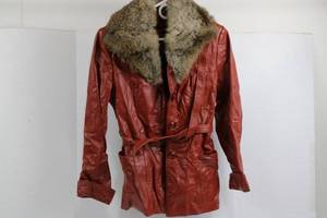 Red Leather Jacket with Shearling Collar - Belted Vintage Coat