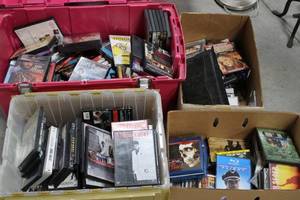 Over 100. Assorted Blu-ray, DVD Discs Collection, CDs in Storage bin