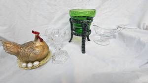 Clear Glass Crystal Style Gravy Boats-Green Glass Planter with Stand