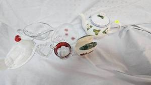 Nesting Chicken Top, Teleflora Teapot, Glass Gravy Boat