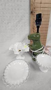 Milk Glass Dishes and Candleholders, Dinasaur Lamp