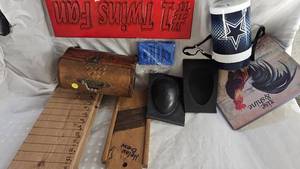 Misc Vintage Lot, signs, Kraut Grater, Treasure Box, Molds