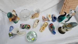 Decorative Miniature Porcelain Shoes and Misc Glassware