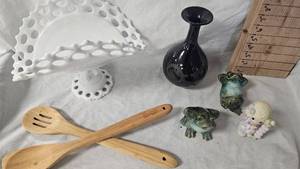Milk Glass Banana Stand, Spoons, Glazed Pottery Vase