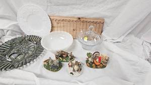 Charming Falls Figures, Candy Dish, Milk Glass Dishes