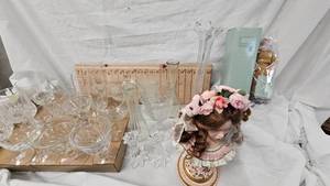 Large Lot of Wine Glasses, Vases, Head Figurine