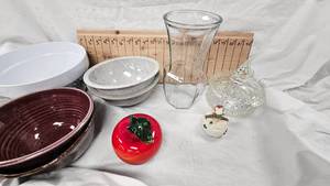 Texas Ware Bowls and Various, Glass Art Apple, Etc