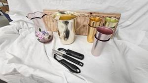 Vintage Aluminum Pitcher w.glasses and Hand Painted Vase