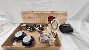 Coral Blue Tea Set and Porcelain Figurines